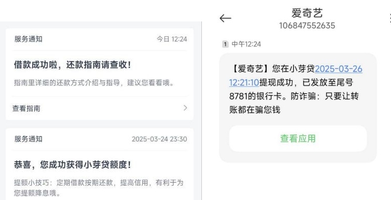 爱奇艺里面的借钱“小芽贷”出额度成功到账