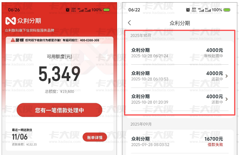 众利分期出黑屋后申请 4000 元顺利到账，连续借款两笔均成功，资方为长银且需付 600 元会员费