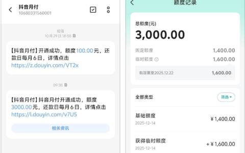 抖音月付征信差反而提额！从 100 元涨到 3000 元（含 1600 临时额度），实测使用体验
