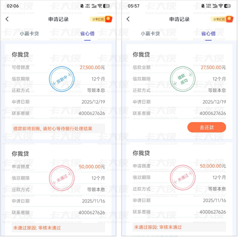 小赢卡贷重新申请额度秒批 27500 元，放款中稳不稳？征信有逾期也成功下款经验
