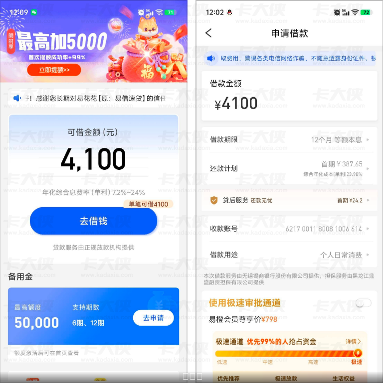 易花花首次出额 4100 元 需开会员享极速审批 无锡锡商银行放款实测