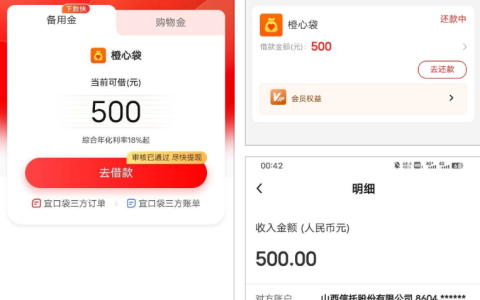 工商呆账 8 年以上仍下款：橙心袋 1000 额度变 500，1 小时 20 分钟到账实测