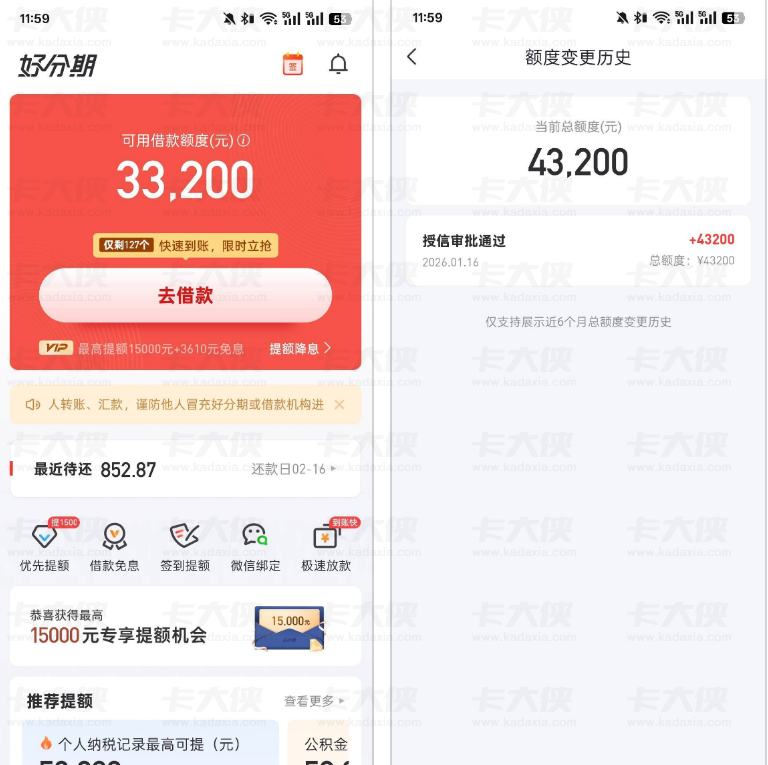 好分期首次申请出额 43200 元，1 万元秒下到账，这些提额技巧可参考