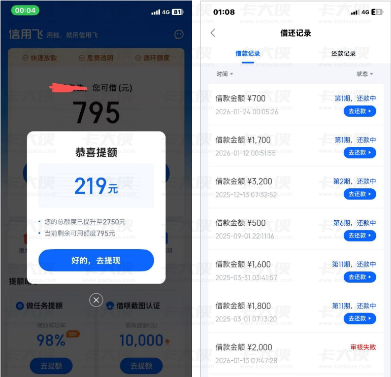 信用飞循环额度可提额至 2750 元 部分用户顺利下款 700 元 网友分享退卡拉黑、提现失败等使用体验