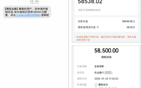 携程借钱优选联合京东金条放款 58500 元 网友分享资质查询有记录仍秒下款的实际借款体验