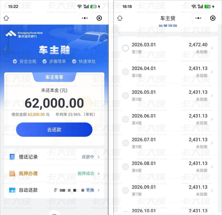重庆富民银行车主融车绿本抵押借款 62000 元 年利率 23.96% 用户分享清空网贷的还款体验及相关疑问