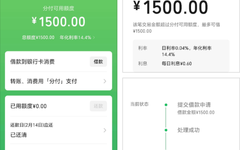 微信分付 1500 元直转银行卡秒到账，年化 14.4% 稳用不套路，逾期还款后仍可正常使用