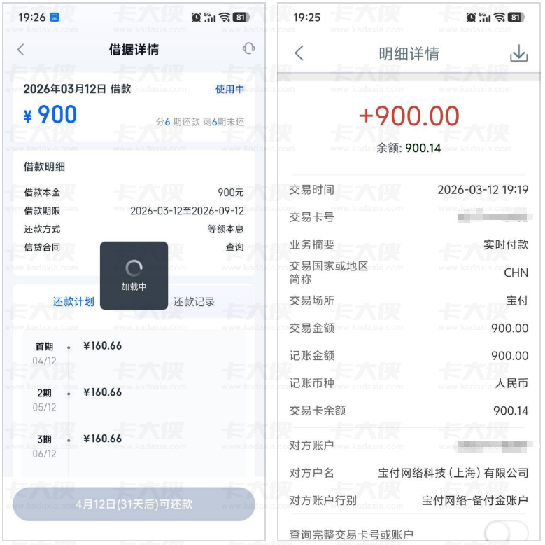 信用飞开通提升额度卡下款 900 元，分 6 期还款解小额应急需求