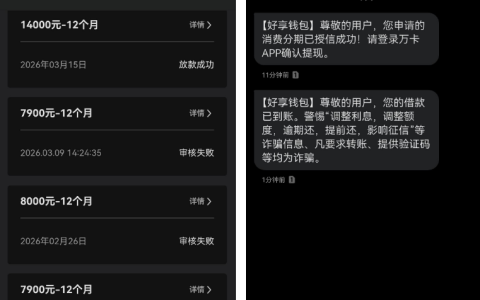 万卡好享钱包下款实操：多次审核失败后成功放款，通道与费用问题解析