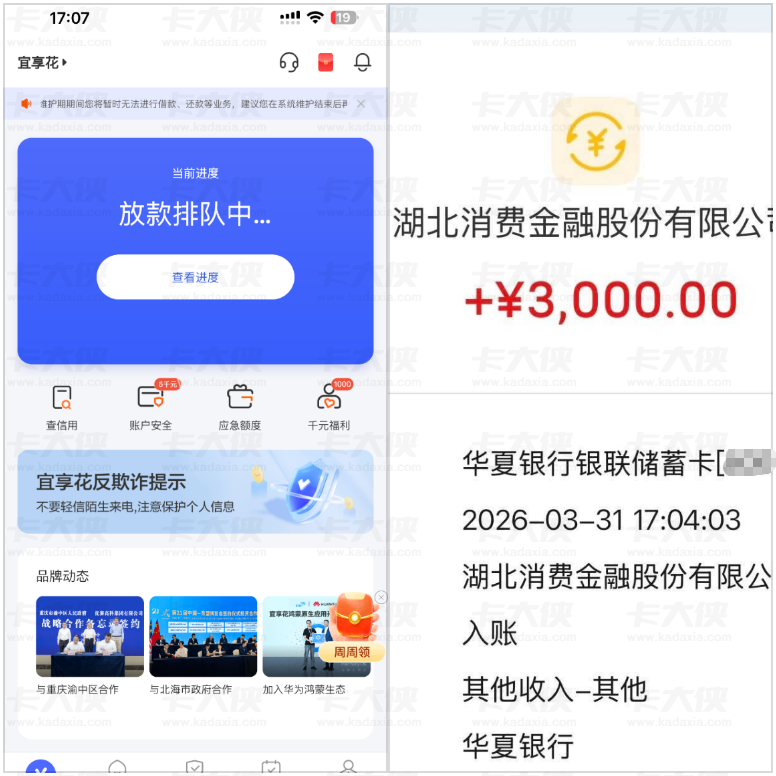 宜享花二次申请终下款 3000 元，资质有逾期呆账也能半小时完成审核放款