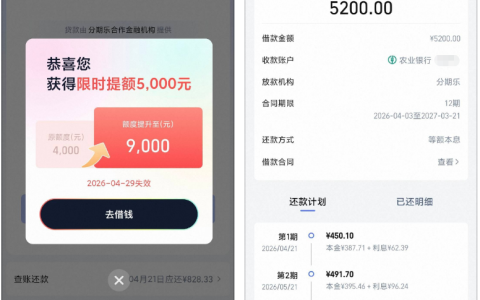 淘宝借钱入口分期乐成功下款 5200 元，给到 5000 临时额度，提交申请 5 分钟就完成放款