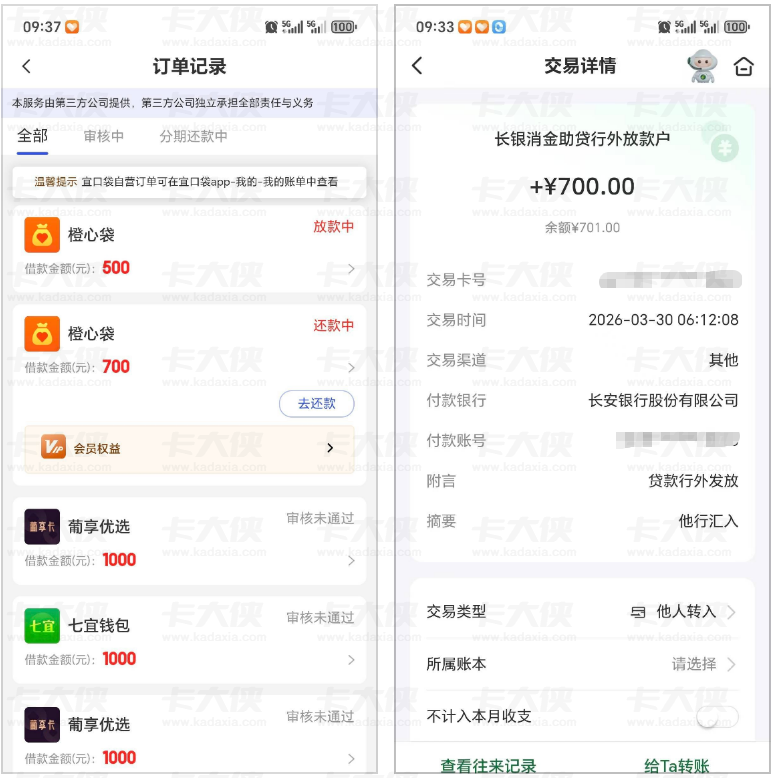 橙心袋第四笔借款 700 元成功到账，申请等待 5 天顺利放款，平台同步发放 500 元专项额度