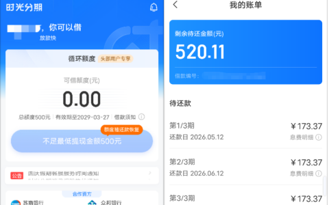 时光分期 4600 元虚标额度静置不操作，次日自动转 500 元真实额度，不开会员、大黑户也能几秒到账
