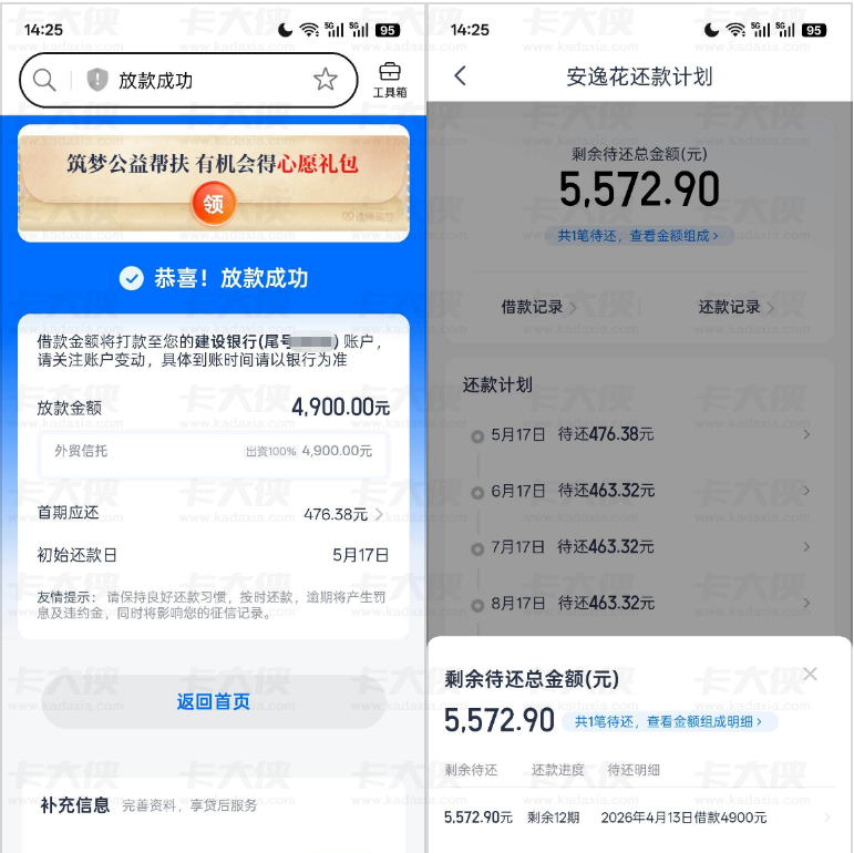 安逸花 7000 元额度复借成功下款 4900 元，外贸信托资方放款，多平台被拒仍可正常办理