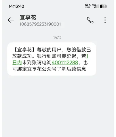 宜享花 1100 元额度成功到账，办理保险后秒批下款，小额扣费与放款流程全透明