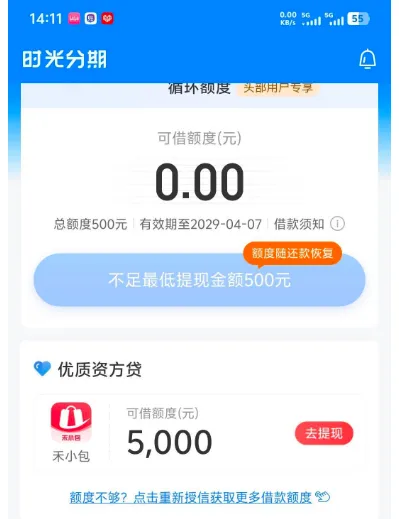 时光分期注销多次仍可正常下款，额度动态调整后 500 元达标即放款，持牌资方更稳妥