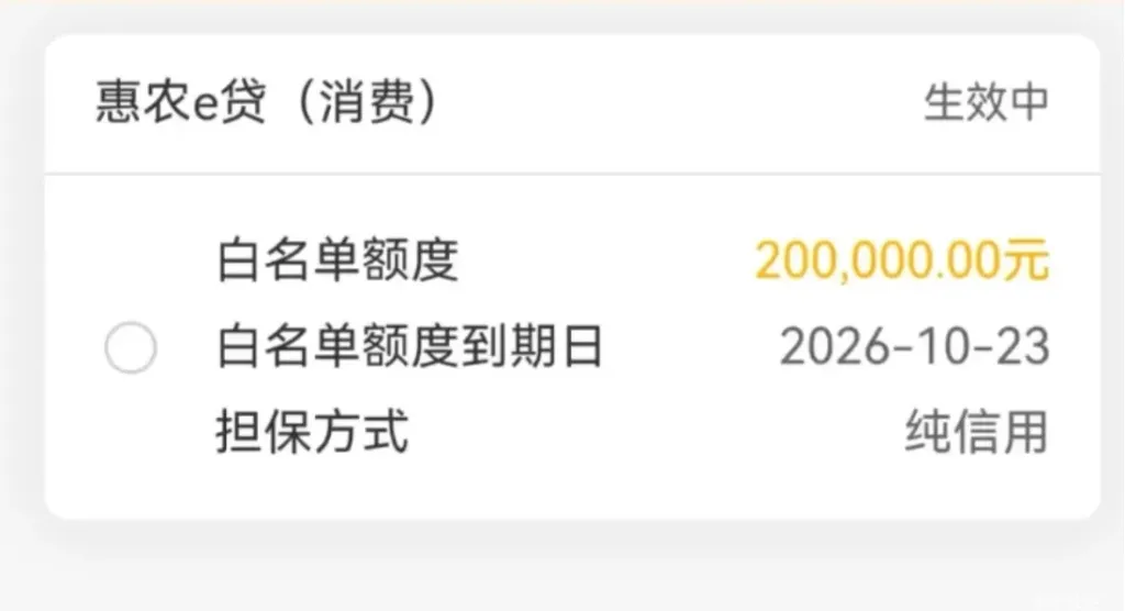 惠农 e 贷获批 20 万元纯信用额度，白名单授信生效，资金领取流程清晰