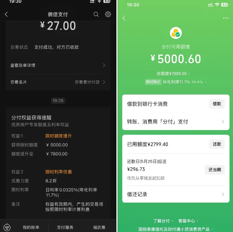 微信分付三年未涨额度突发临时提额，新增 5000 元至 7800 元，享利率 8.2 折且仅支持消费使用