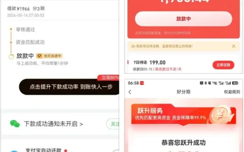 好分期跃升服务提额后成功下款 1966 元，3 期分期规划清晰，服务失败可按规则退费
