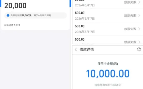 借呗长期持 1000 元基础额度，绑定社保卡后获 19000 元临时额度，万元借款快速到账