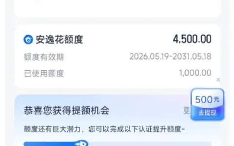 安逸花获批 4500 元总额度，仅可提现 1500 元快速放款，额度使用需按系统评估执行