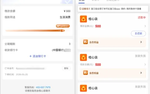 橙心袋历时 5 天成功下款 500 元，多次小额扣费后到账，客服协调并未起到作用