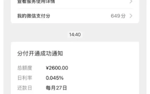 微信分付多次申请后成功开通，当月网贷全拒仍拿下 2600 元额度，按日计息支持灵活还款