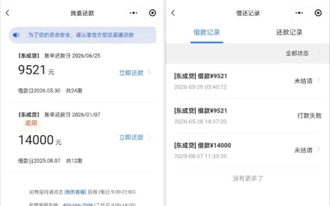 东成贷有逾期仍成功下款 9521 元，平账资金成功拦截，24 期分期灵活可还