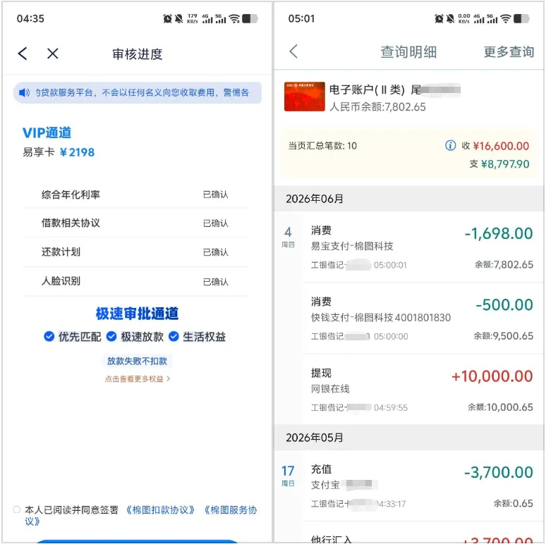 东成贷易花花开通 VIP 权益后成功放款 10000 元，资金到账随即自动扣除 2198 元会员费，详解退费相关规则