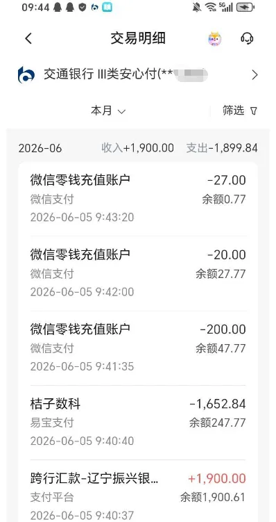 橙心袋阶段性开放专项授信申请通道，1900 元由辽宁振兴银行放款，多笔扣费后账户剩余 247 元实测参考