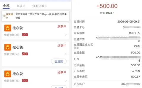 宜口袋联动橙心袋开放循环申贷通道，分两日落地两笔 500 元放款，现有资质可继续提交新借款订单
