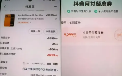 抖音火山版操作抖音月付成功下单 9299 元商品，8999 元档位却无法正常支付