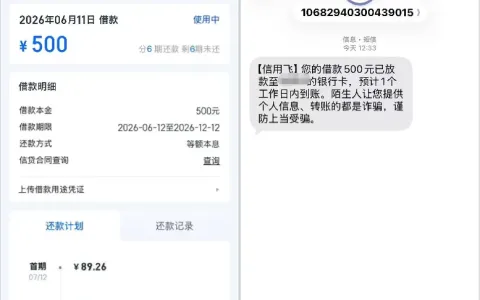信用飞 500 元借款隔日顺利到账，会员费用未扣除，账号状态与分期规则实测分享