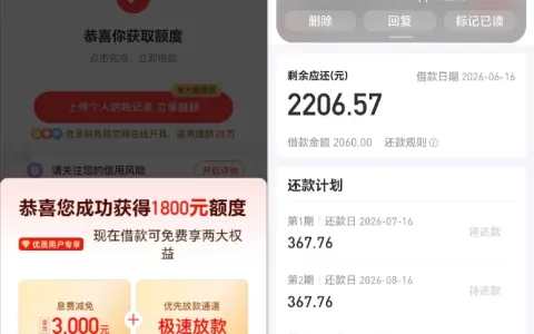 好分期多次间隔注销后首次出额，上传个税提额 260 元，2060 元借款 4 分钟极速到账