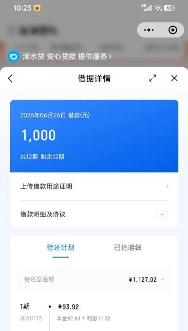 滴水贷 1000 元分 12 期成功放款，征信偏花也可通过，申请标准因人而异