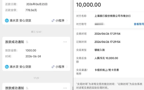滴滴滴水贷常年 1000 元固定额度，新增 1 万元临时额度顺利放款，有逾期协商记录也获批
