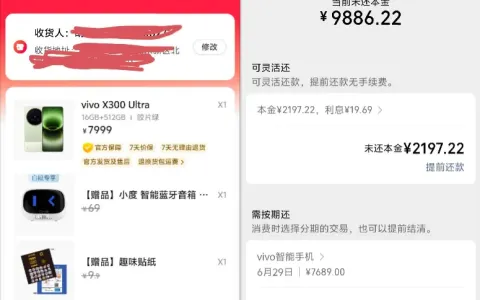 vivo 官网 7689 元数码订单实测：花呗与分付均支持 24 期免息，提前还款无额外手续费