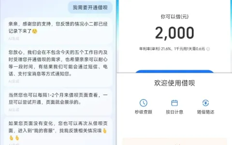 支付宝使用十余年无借呗额度，联系客服反馈当日开通，3000 元借款快速到账
