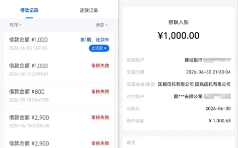 信用飞风控四五月后成功下款 1000 元，退提额卡后多次秒拒，本次由国民信托出资放款