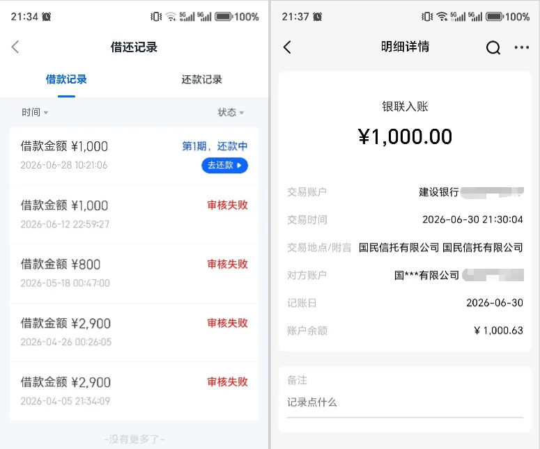 信用飞风控四五月后成功下款 1000 元，退提额卡后多次秒拒，本次由国民信托出资放款