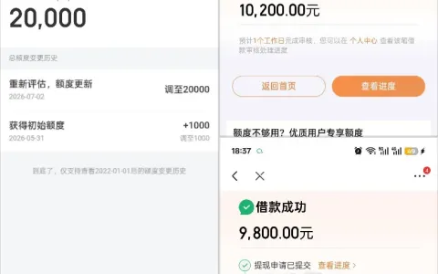 京东金条上月 1000 元借款失败，系统重评后涨至 20000 元，分多笔无电审完成放款