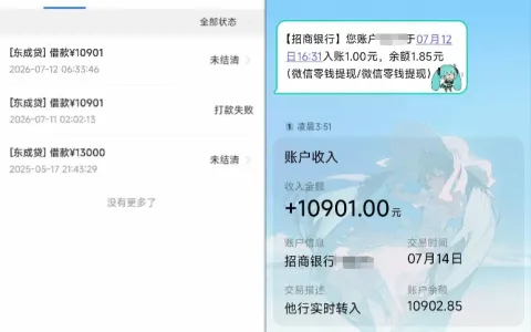 东成贷 10901 元二次申请深夜到账，有未结清逾期账单，锁卡操作不影响入账