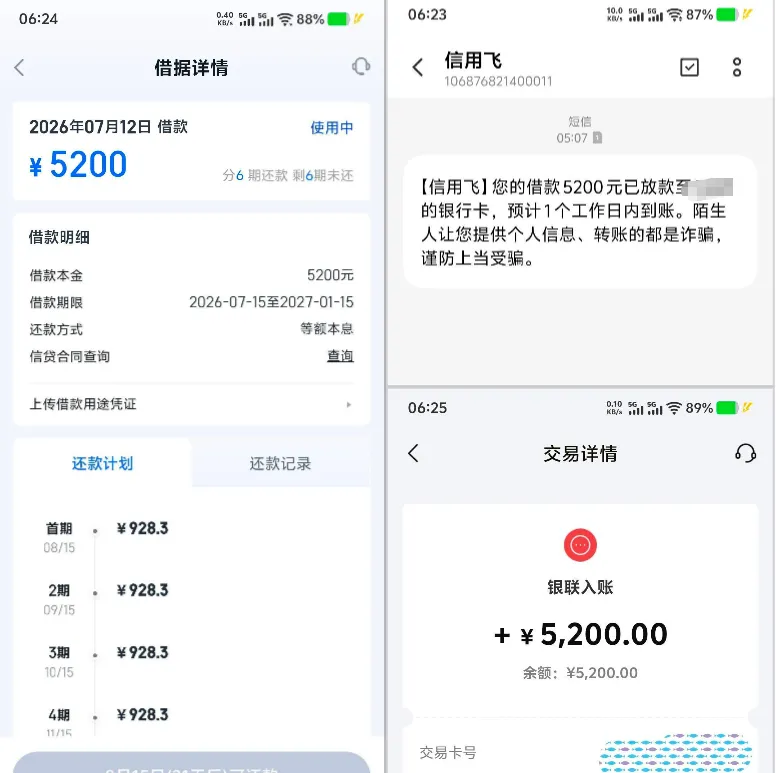信用飞 5200 元借款晚上申请早上到账，渤海信托资方放款，6 期分期真实体验