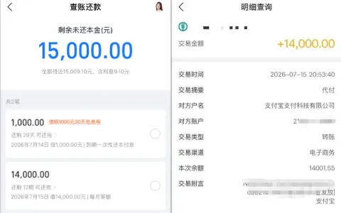 借呗剩余 14000 元额度成功放款，昨日多次申请失败，隔日重试全额到账