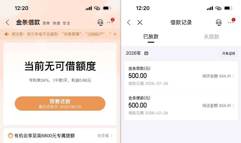 京东金条长期显示车贷无信用额度，今日获批 1000 元，两笔 500 元秒速到账实测