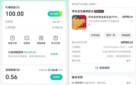 抖音月付大号仅 100 额度受限，注销后换小号下单黄金，8980 元分期支付成功实测
