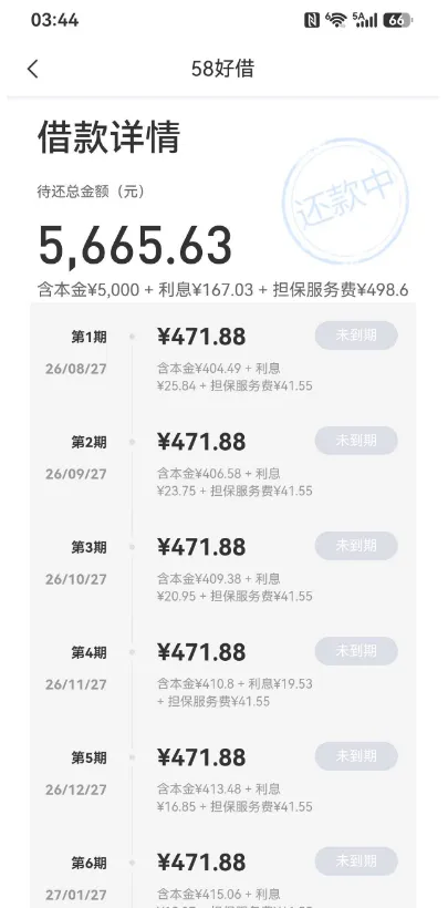 58 好借成功放款 5000 元分期偿还，费用含担保服务费，增值会员作用实测参考