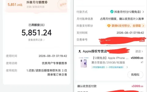 抖音月付基础额度已用完，下单 iPhone 17 触发 5851 元专属券，12 期免息小时达实测