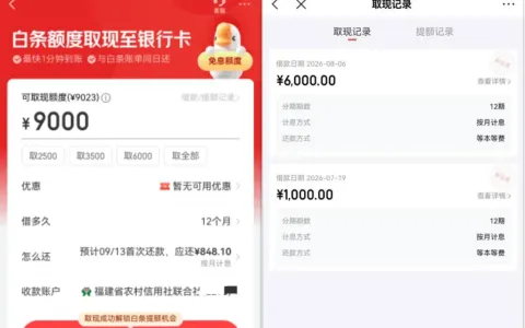 京东白条半夜新增 3000 付费临时额度，取现 6000 元秒到账，苏银消金出资实测