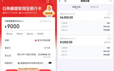 京东白条半夜新增 3000 付费临时额度，取现 6000 元秒到账，苏银消金出资实测